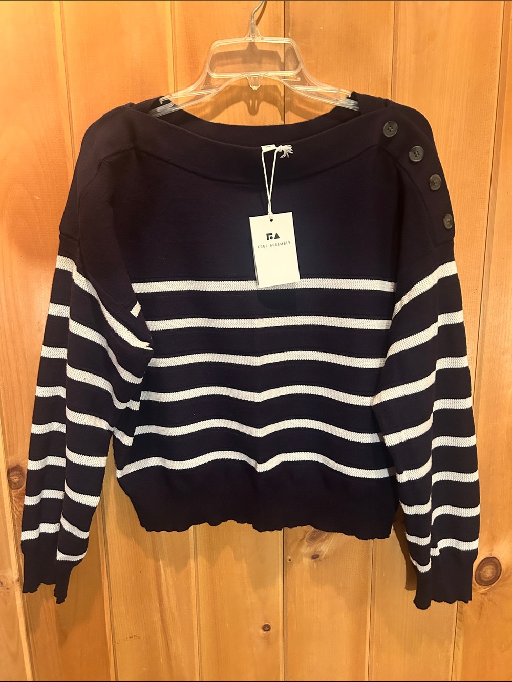 Free Assembly Striped Boatneck Sweater with Shoulder Buttons - Navy & White